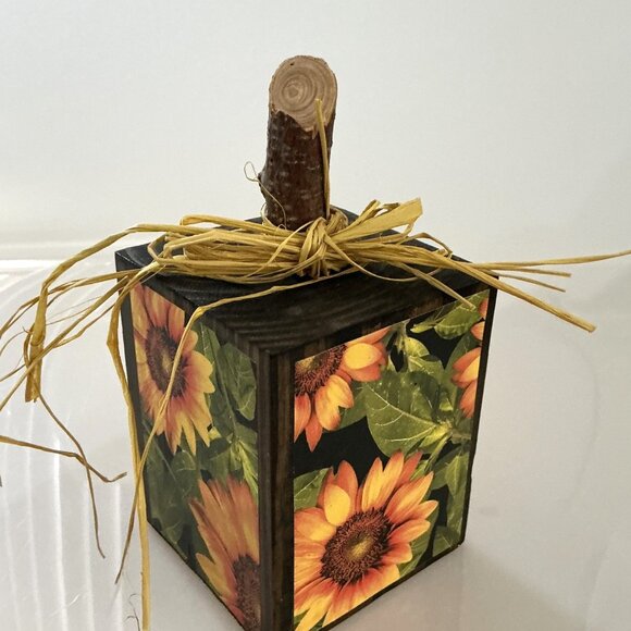 SUNFLOWER PUMPKIN BLOCK SOLID WOOD FALL DÉCOR AUTUMN THANKSGIVING - Picture 1 of 9
